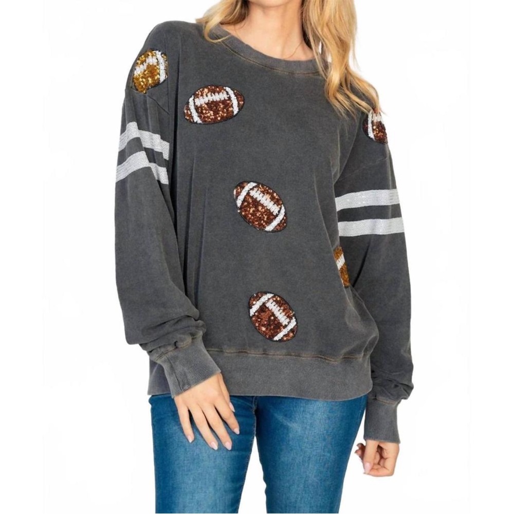 White Burch sequin football crewneck sweatshirt size small  black gray